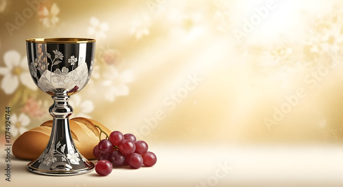Silver chalice with communion wine, grapes and bread on glowing bokeh background – elegant religious illustration for Eucharist, First Communion or Easter greeting card