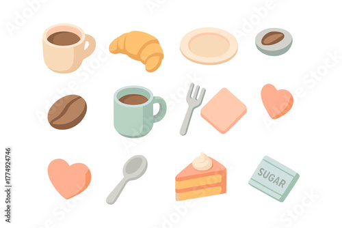 Cozy breakfast elements: pastel coffee cups and sweet treats in soft colors