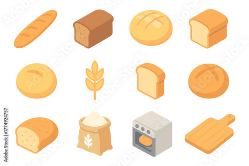 Isometric bakery set: bread, wheat, oven, and cutting board