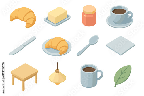 Isometric breakfast items collection: coffee, croissant, butter, and more