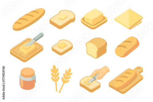 Isometric bread and butter icons set with slices, jar, and wheat elements