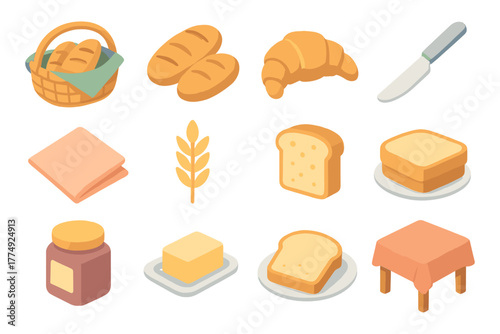 Isometric breakfast icons: bread, butter, and essentials for a cozy morning