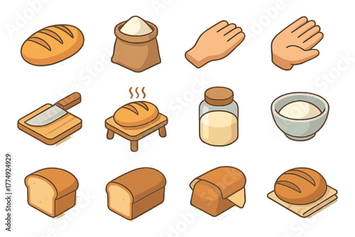 Cartoon bakery icons collection featuring bread, baking ingredients, and kitchen tools