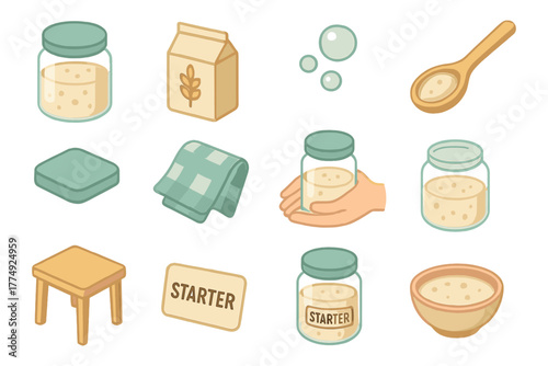 Sourdough starter process: jars, ingredients, and tools in pastel style