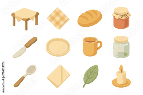 Charming breakfast table elements in soft pastel tones on white background