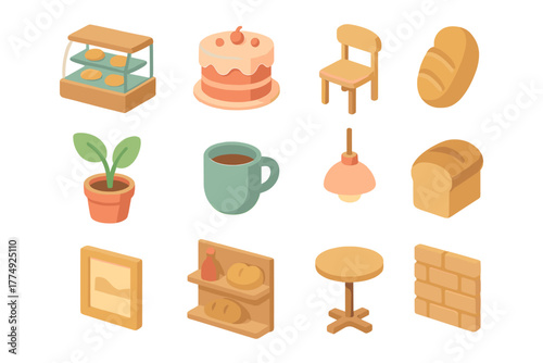Isometric bakery and café essentials: cakes, breads, coffee, and furniture elements