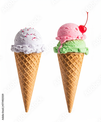 Ice cream cones with cherry on top isolated on white background, frozen treat, dessert lovers
