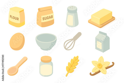 Baking essentials collection featuring ingredients and utensils in soft pastel tones