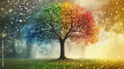A single tree displaying four seasons in muted colors symbolizes the passage of time change and renewal representing the natural rhythm of life balance and transformation through the year