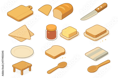 Isometric kitchen essentials: bread, butter, and cutlery set