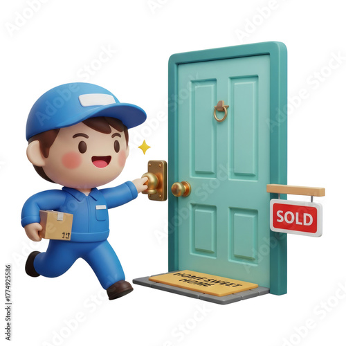 Adorable delivery person carrying a package rings the doorbell of a recently purchased residence