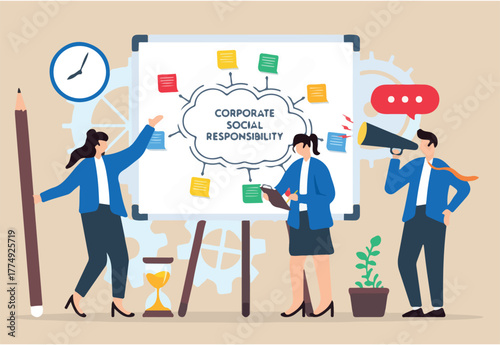 Vector illustration of business people coordinating corporate social responsibility plan with sticky notes on whiteboard csr initiatives