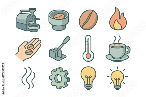 Coffee brewing icons collection with fresh beans, grinder, and cup in modern outline style