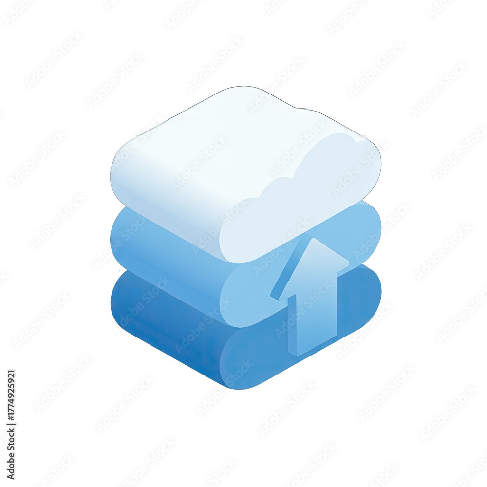 Fototapeta premium Stacked Cloud Symbol With Upward Arrow Indicating Upload And Data Transfer On Transparent Background
