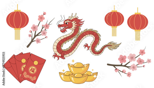 Illustration featuring a red Chinese dragon, lanterns, plum blossoms, gold ingots, and red envelopes, representing Chinese New Year traditions.