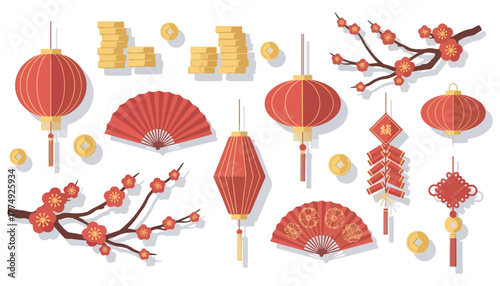 Illustration of traditional Chinese New Year elements including lanterns, coins, fans, plum blossoms, and firecrackers arranged on a white background.