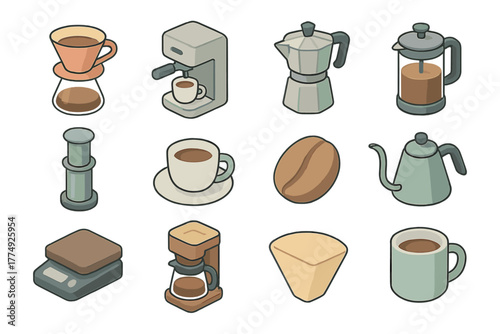 Isometric coffee brewing tools and accessories set for cafes and baristas