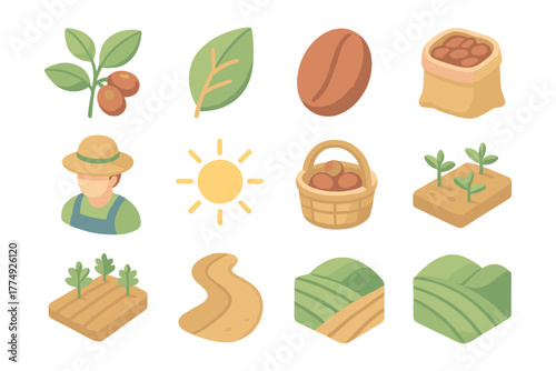 Organic coffee farming icons: harvest, plants, and nature in soft colors