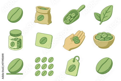 Green coffee bean icons in soft pastel colors for organic and natural themes