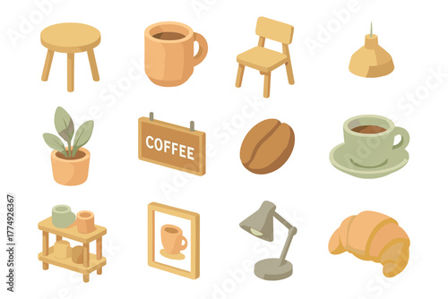Cozy cafe elements in isometric style: furniture, drinks, and decor collection