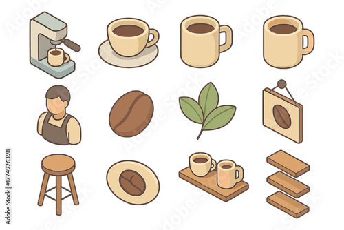 Isometric coffee shop icons set: cups, beans, equipment, and accessories