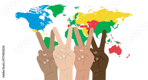 Four hands of different skin tones making peace signs in front of a colorful world map illustration on a white background.