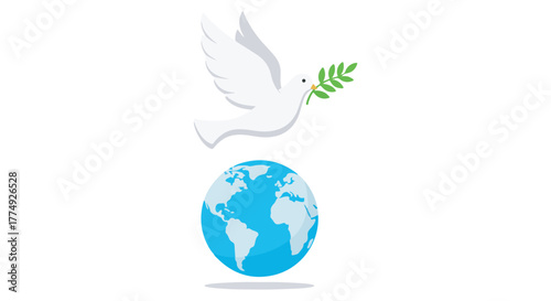 A white dove carrying an olive branch flies above a blue globe representing peace and harmony.