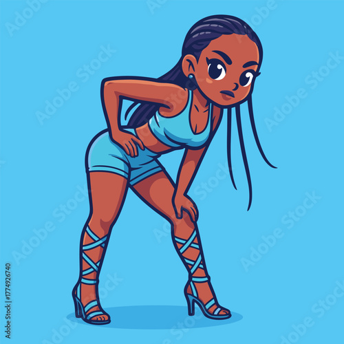 Sassy cartoon party girl with braided hair posing in a blue outfit and gladiator heels