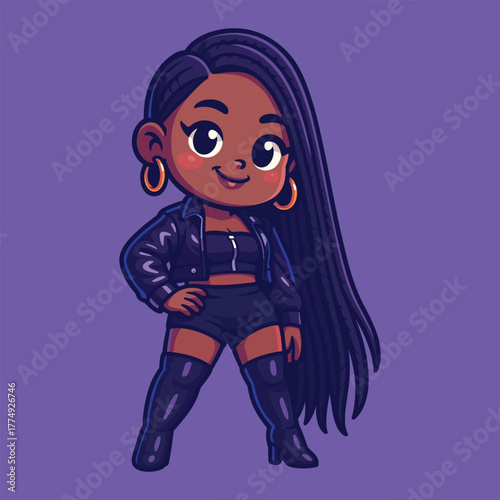 Stylish cartoon party girl with long braided hair posing confidently in a black leather jacket and boots