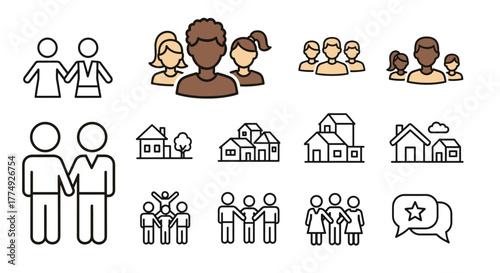 Diverse community icon set featuring people, friendship, social connections, diversity, village life, relationships, support, and community development symbols, presented in a clean, solid line art