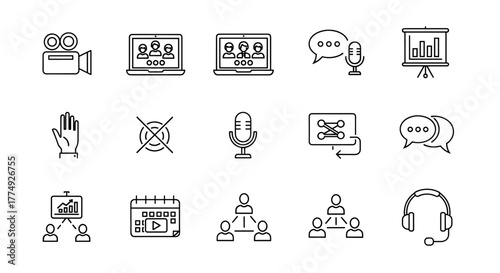 A comprehensive collection of thin line icons representing video conferencing, online meetings, and virtual communication, ideal for digital platforms and business presentations. The set includes