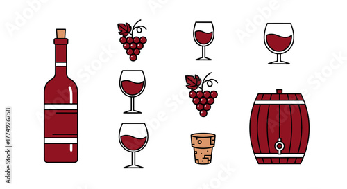 A collection of minimalistic, flat design icons representing wine and its production, including a bottle, grapes, wine glasses, a cork, and a barrel, perfect for web, graphic design, apps, banners