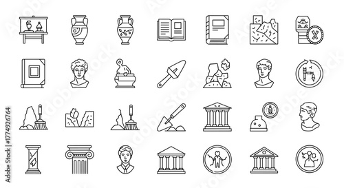 Archeology Outline Icon Set: A collection of historical line icons representing antiquity, art, heritage, and more, featuring ancient artifacts, excavation tools, classical architecture, and museum