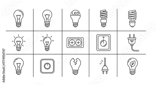 Collection of line art icons representing various types of light bulbs, energy-saving lamps, switches, plugs, and batteries, presented in a grid format on a black background, ideal for technology and