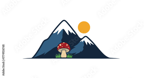 Enchanting minimalist illustration of a vibrant red and white spotted mushroom nestled in lush green grass at the base of majestic blue mountains under a bright orange sun, evoking a sense of wonder