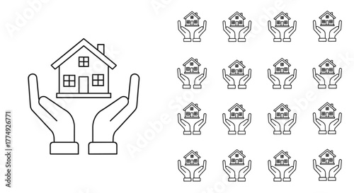 Minimalistic outline icon of a private house held securely over open hands, symbolizing protection, safety, and home ownership. Ideal for web, graphic design, apps, banners, social networks, cards