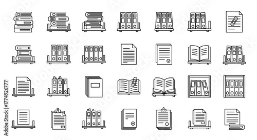 Collection of line icons representing shelved documents, books, and binders, with editable strokes, perfect for infographics, articles, books, flyers, and banners. This vector cartoon illustration