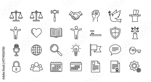 A collection of simple outline line icons representing human rights, justice, law, equality, social activism, and freedom. This vector icon set includes symbols like scales of justice, a gavel