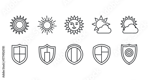 Collection of line art icons featuring various sun symbols, including a smiling sun, a sun behind clouds, and abstract sun designs, alongside diverse shield emblems representing protection and