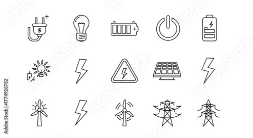 Set of electricity icons in a minimalist outline style, featuring a power plug, light bulb, battery charge levels, power button, solar panel, lightning bolt, wind turbine, and power lines