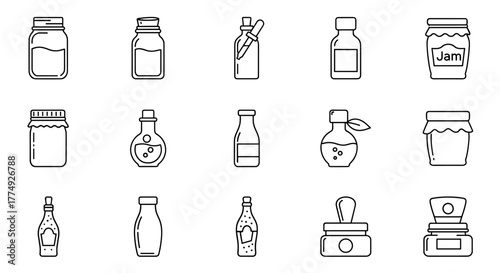 Collection of thin vector icons representing various jars and bottles, including jam jars, medicine bottles, and laboratory flasks, presented in a clean black and white outline style on a contrasting