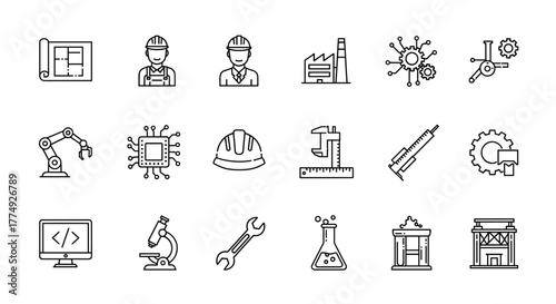 Modern thin line vector illustration set of engineering and technology icons, including blueprint, engineer, factory, robotic arm, CPU, hard hat, caliper, syringe, computer code, microscope, wrench