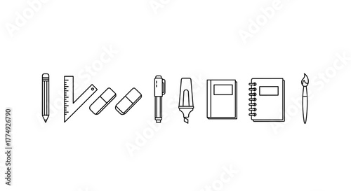 A minimalist vector illustration set of drawing tools, including a pencil, ruler, eraser, liner marker, highlighter, sketchbook, notebook, and paintbrush, presented in a clean, line-art style