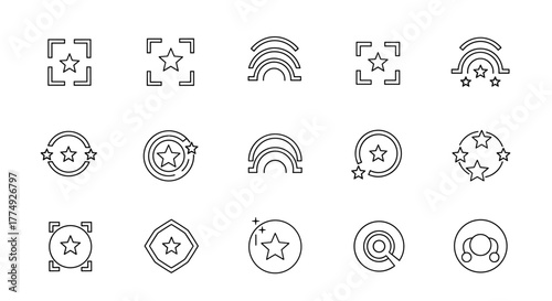 Modern minimalist aesthetic linear icon set featuring stars within frames, arcs, and circular arrangements, presented on a clean white background for versatile graphic design applications. This