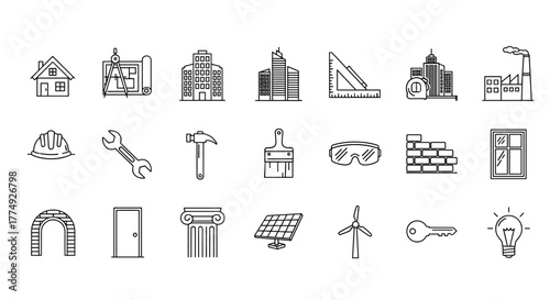 Set of outline icons related to building and architecture, including houses, blueprints, construction tools, safety equipment, and energy sources, presented as a linear icon collection with editable