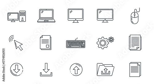 Computer and Monitor Line Icon Pack: Cursor, Pointer, Outline Signs for Graphic and Web Design, Apps, Various Cards, Vector Cartoon Illustration. This collection features essential digital tools and