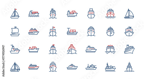 Collection of filled color icons of blue and red ships, minimalistic linear pictograms for web and graphic design, apps, banners, social networks, and cards, representing various types of vessels