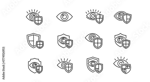 Set of eye and shield outline linear symbols for graphic and web design, apps, adverts, and various cards. This vector cartoon illustration features a black background with white line art icons
