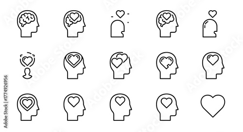Collection of linear outline icons representing the concept of love, emotion, and mental state, featuring human head profiles with hearts inside, symbolizing affection, care, and psychological