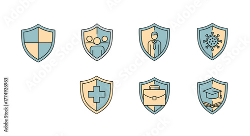 Set of simple insurance and protection-related icons, featuring shields with symbols for people, virus, medical cross, business briefcase, and graduation cap with book, ideal for graphic design and